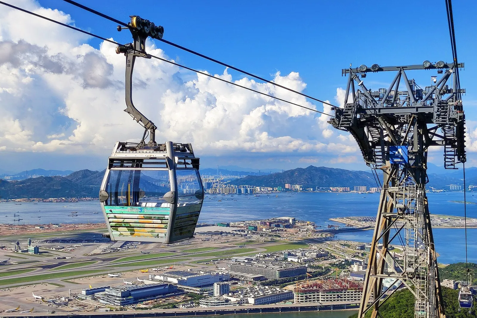 Ngong Ping cable car above the airport and bay