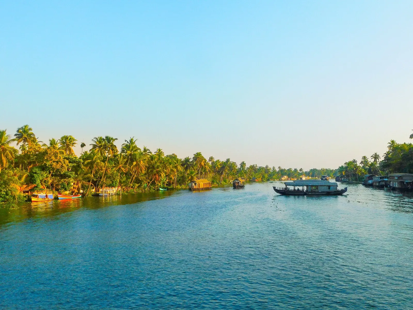 A single houseboat crossing a wide blue backwater lined with coconut palms at Kumarakom