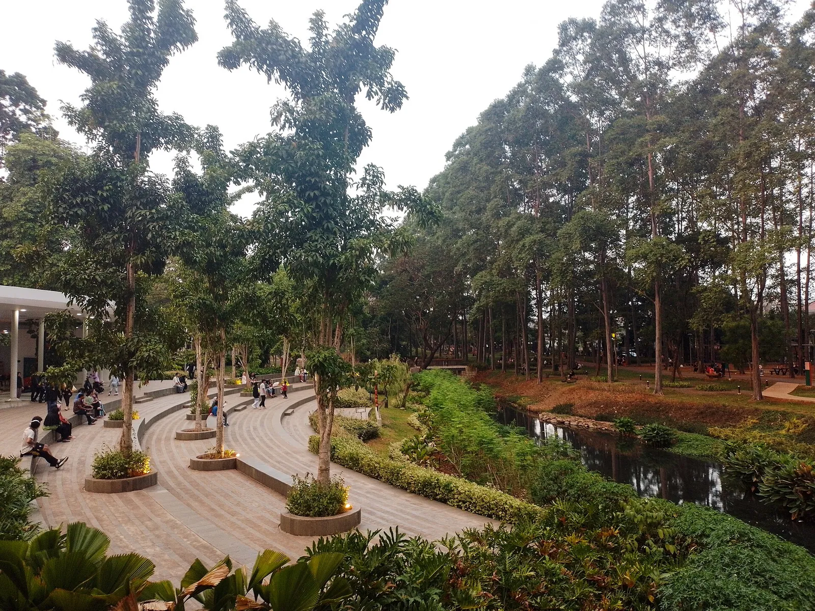 Curved paved terraces and paths beside a stream among tall trees at Tebet Eco Park in South Jakarta