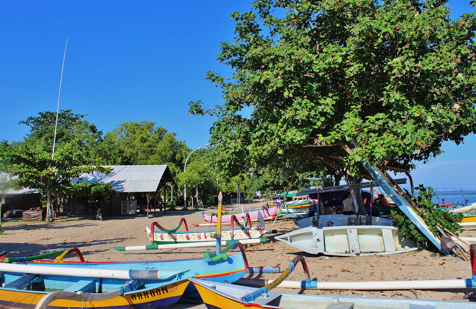 Colourful outrigger jukung boats pulled up under trees on Sanur Beach, Bali