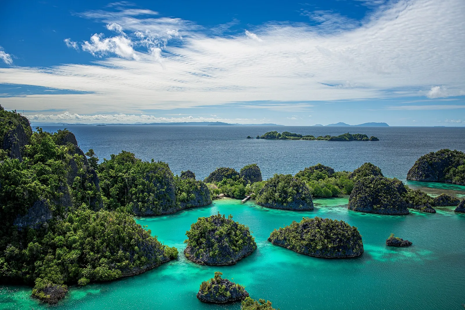 Green karst islets in turquoise water seen from the Piaynemo viewpoint in Raja Ampat