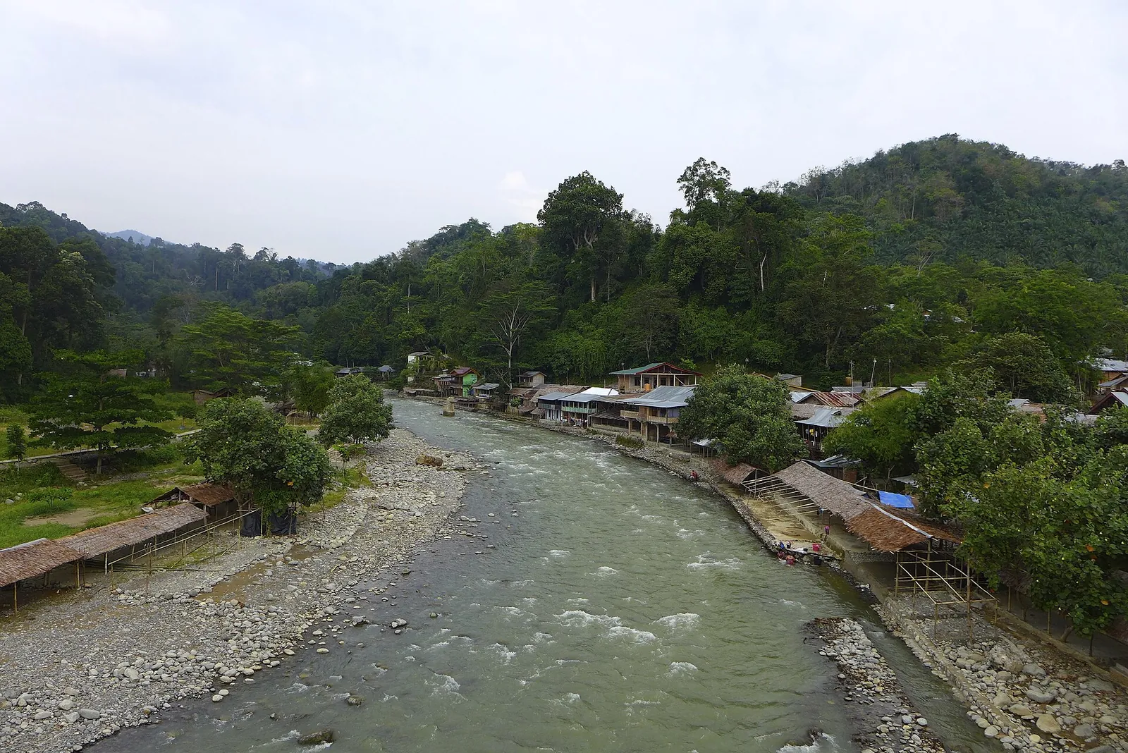 Bukit Lawang village and guesthouses along the Bahorok River, with forested hills behind