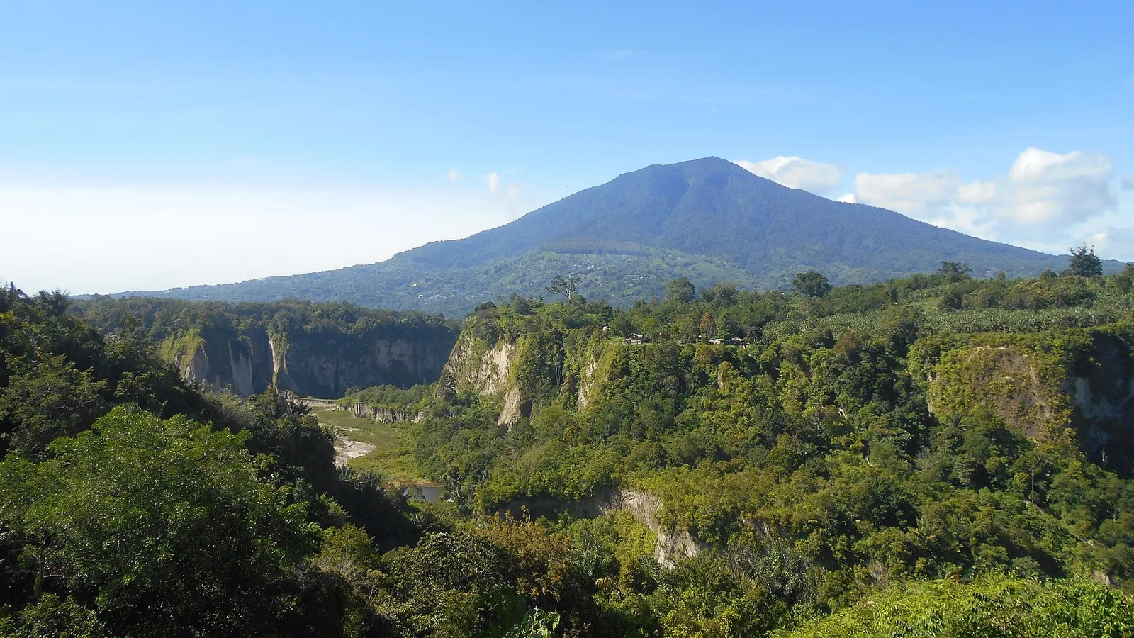Sheer cliffs of Sianok Canyon covered in forest, with Mount Singgalang under a blue sky