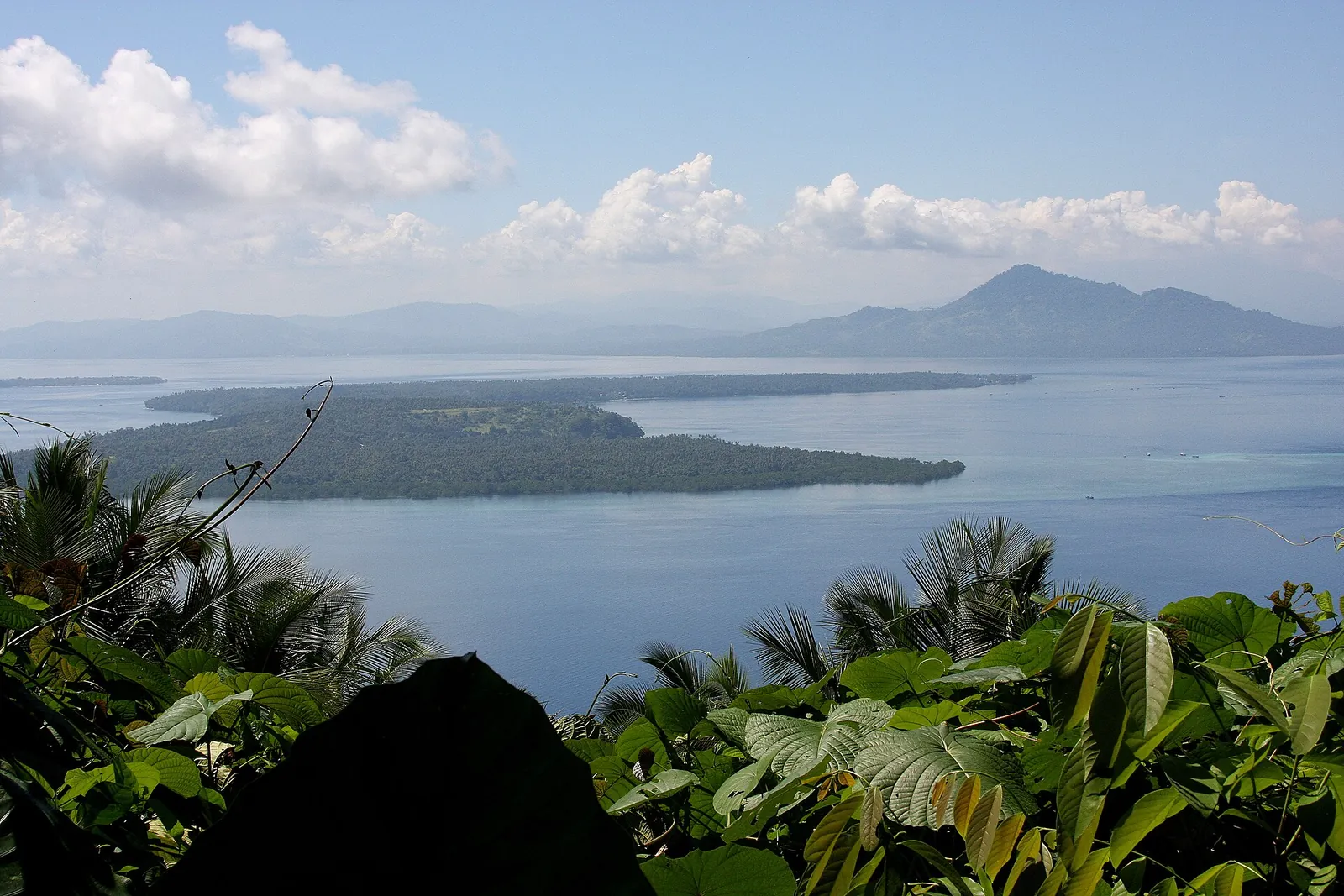 The low, wooded island of Bunaken in a calm blue sea, seen from the slopes of Manado Tua with the Sulawesi mainland behind