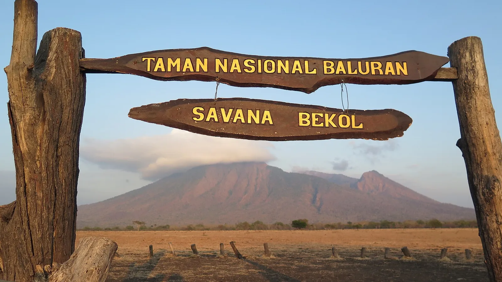 Wooden Taman Nasional Baluran Savana Bekol sign framing the dry savanna and Mount Baluran at dusk