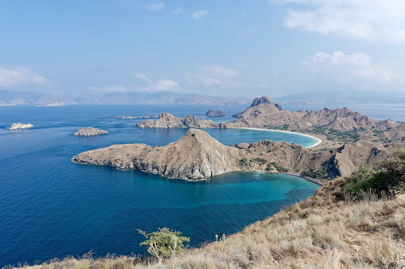 Padar Island's bays and ridges seen from the viewpoint above the island, with turquoise water and dry grassy hills