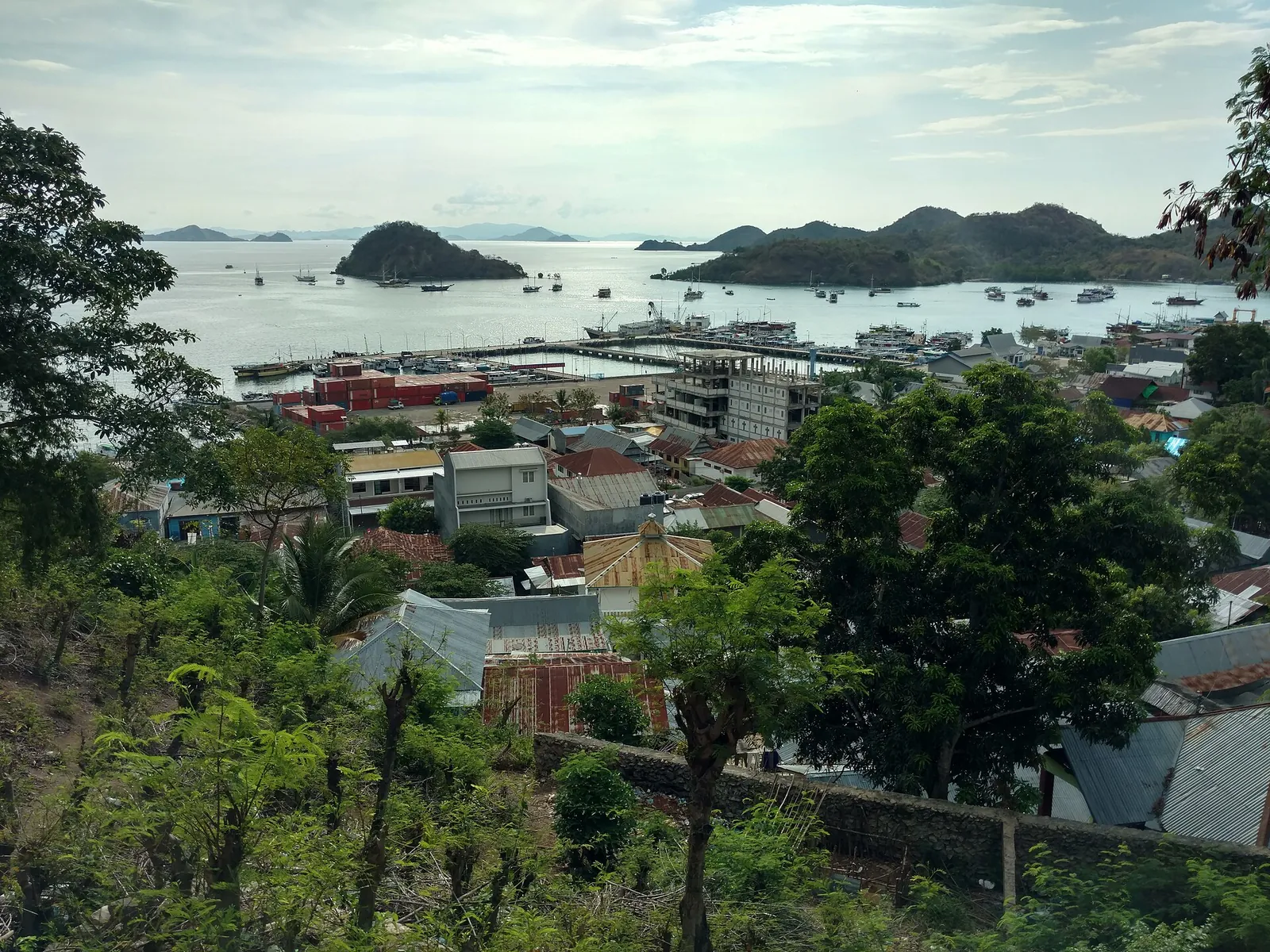 Labuan Bajo's rooftops and harbour seen from a hillside, with islands in the bay beyond