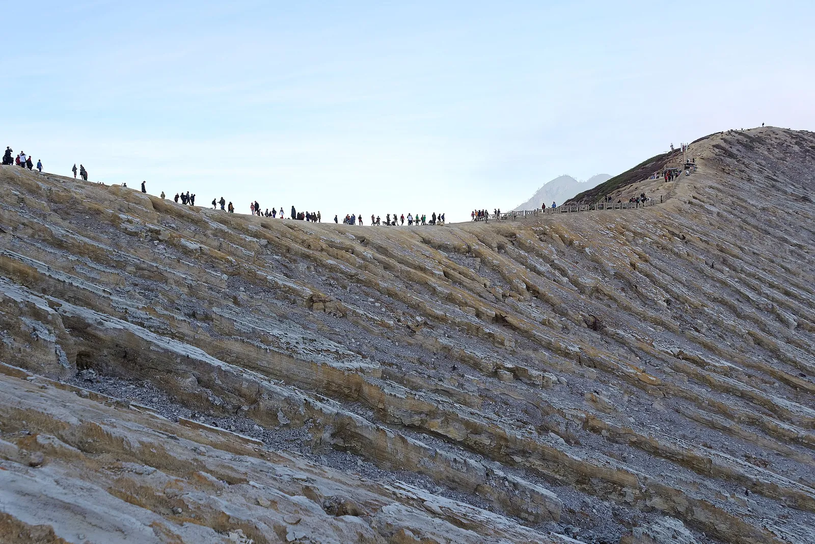 A line of hikers walking along the grey, ridged rim at the top of the Ijen volcano under a clear morning sky