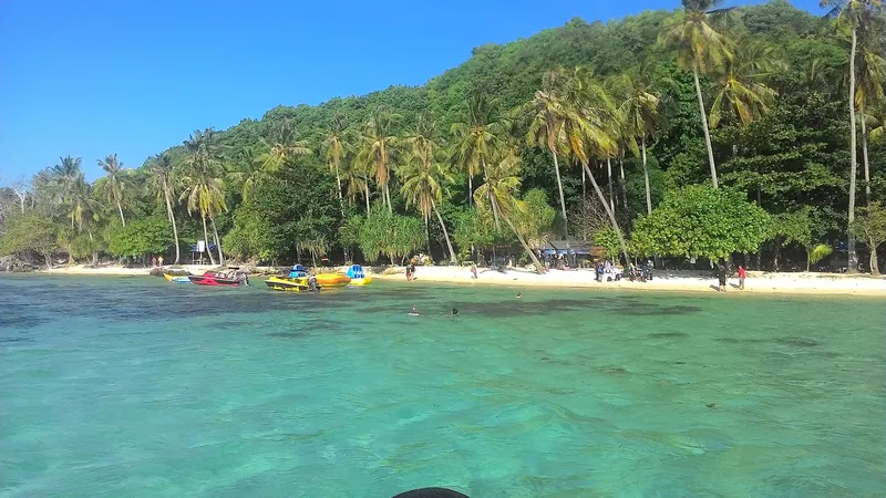 Turquoise shallow water off Ujung Gelam beach on Karimunjawa, with palm trees and moored boats along the white sand