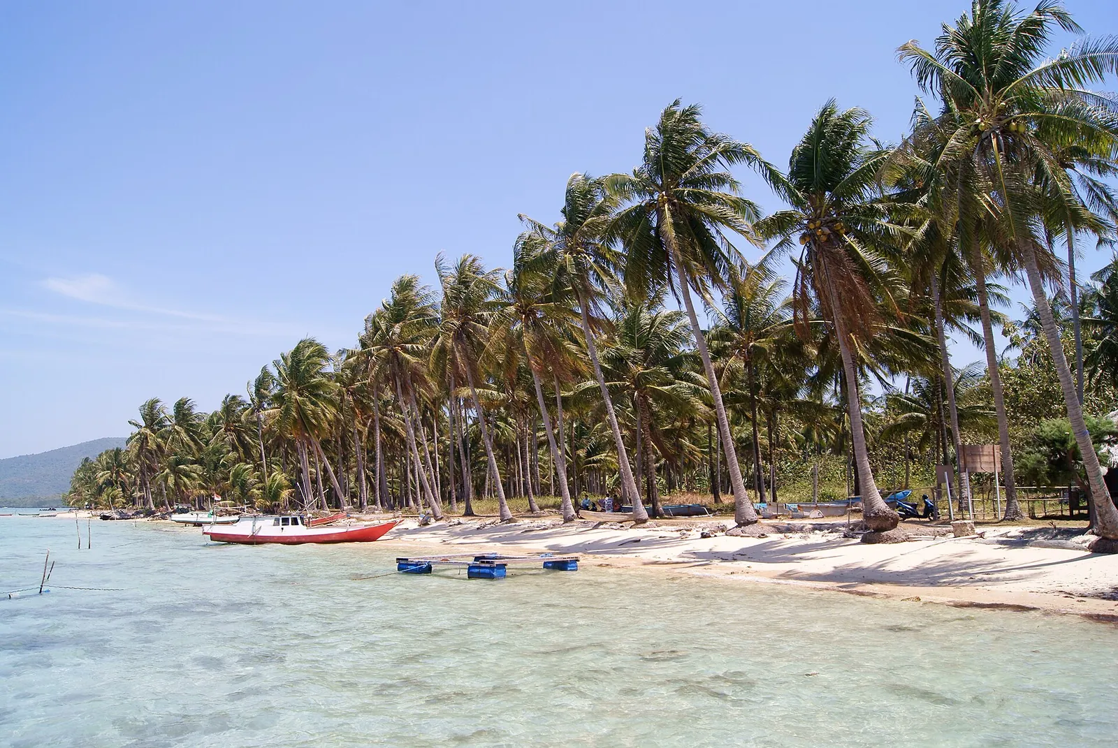 Palm-lined Barakuda beach on Karimun Jawa with boats pulled up on the sand