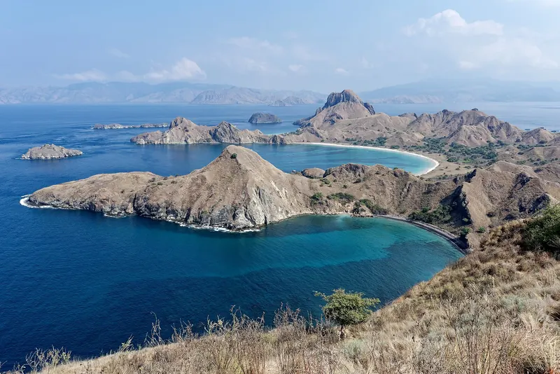 Padar Island seen from its southern viewpoint, with curved bays of blue water between dry brown hills