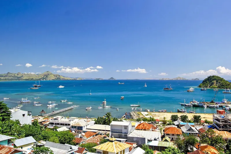 Rooftops of Labuan Bajo above a turquoise bay crowded with boats, with small islands on the horizon