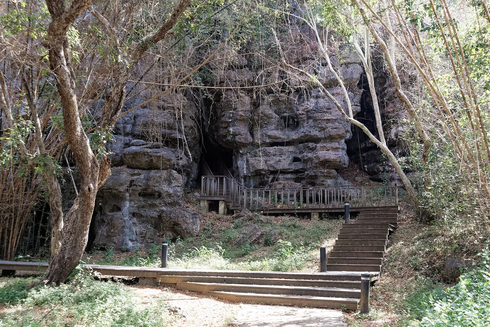 Wooden steps leading to the dark limestone entrance of Batu Cermin cave among dry forest