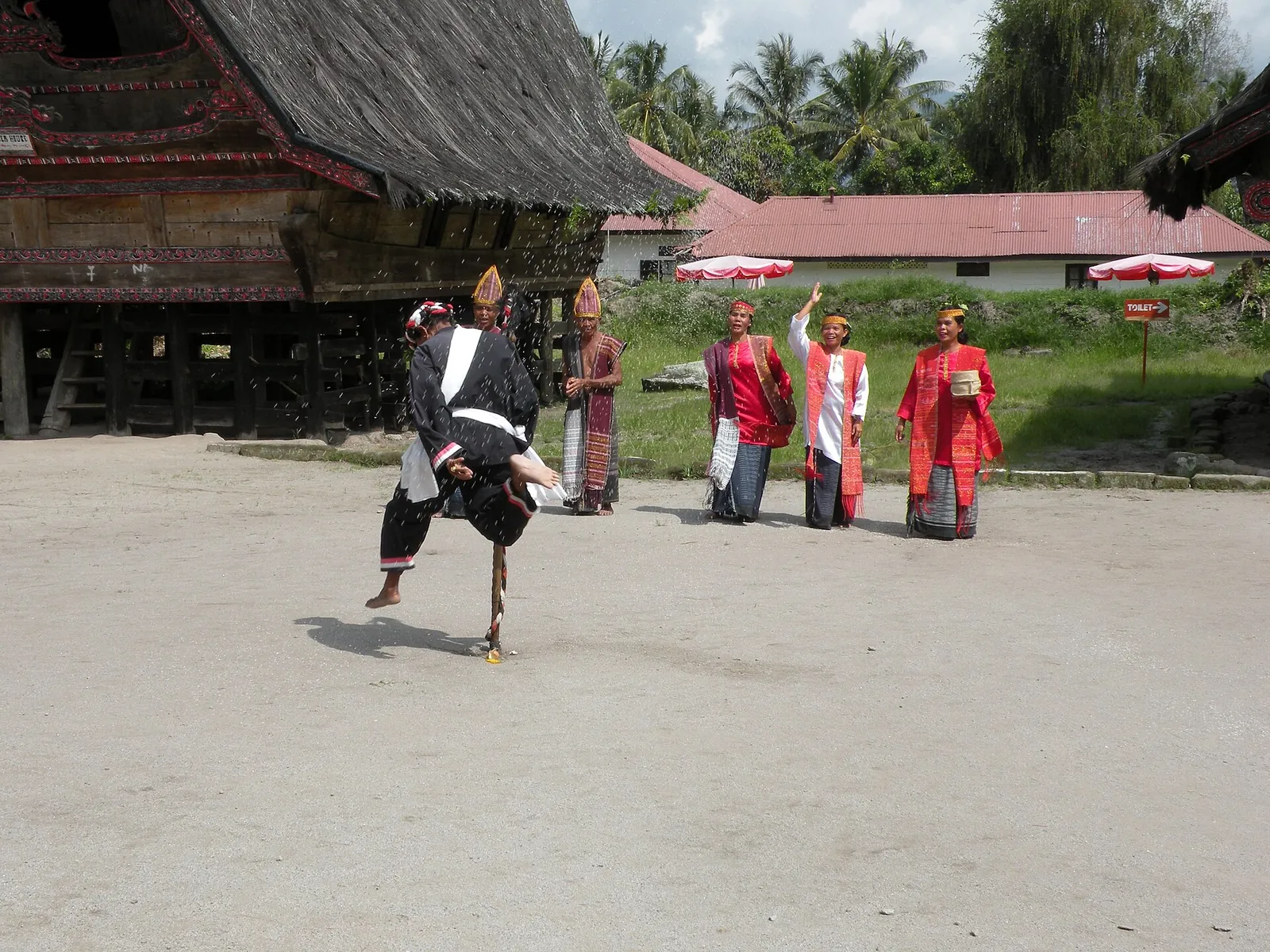 Dancers in Batak costume performing tortor in the courtyard of Huta Bolon, Simanindo