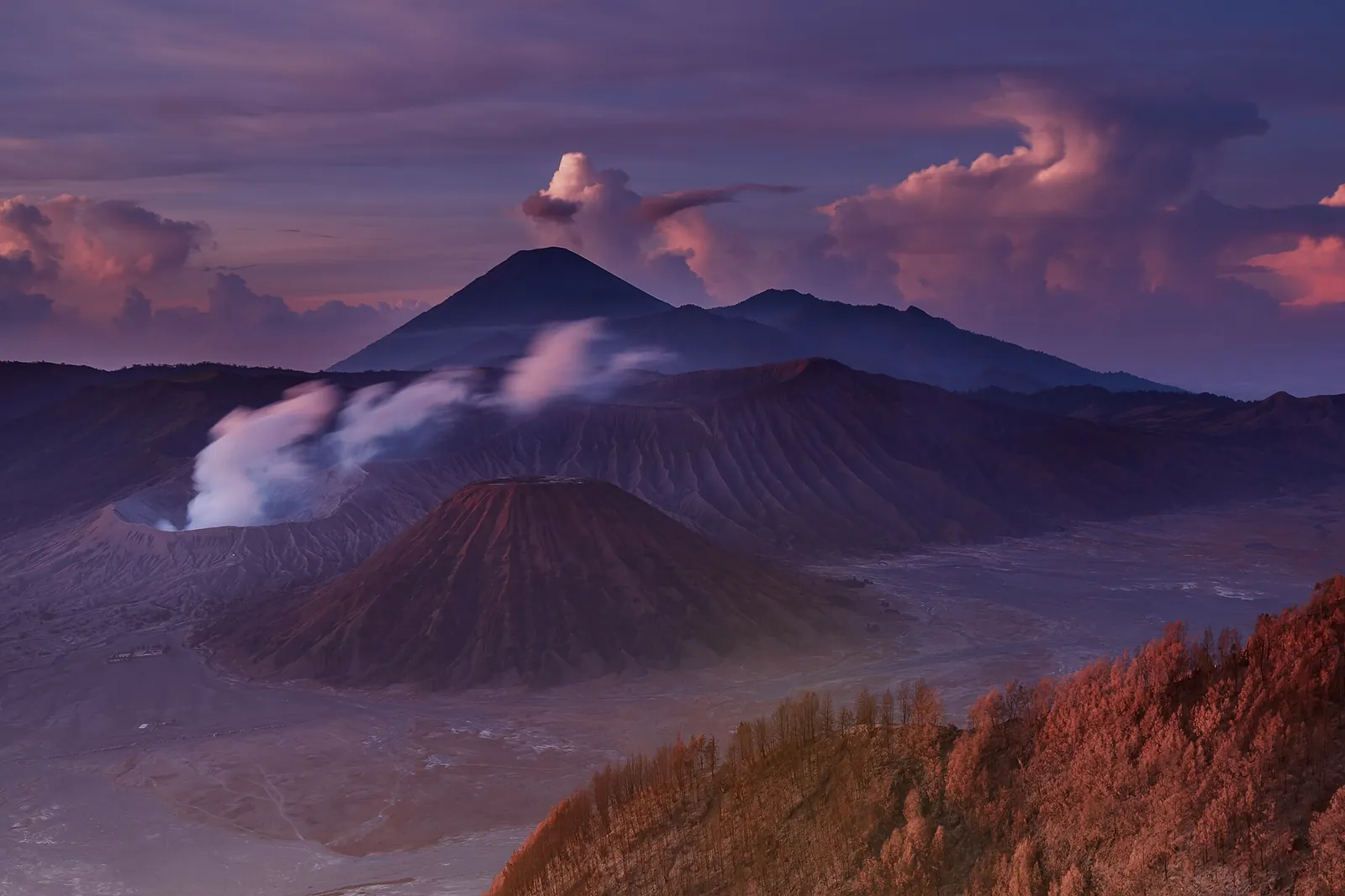 Mount Bromo's smoking crater and Mount Batok rising from the Tengger sea of sand at sunrise, with Mount Semeru in the distance