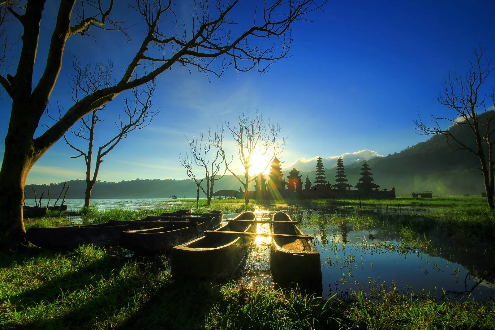 Dugout canoes moored on the shore of Lake Tamblingan with a temple and forested hills behind