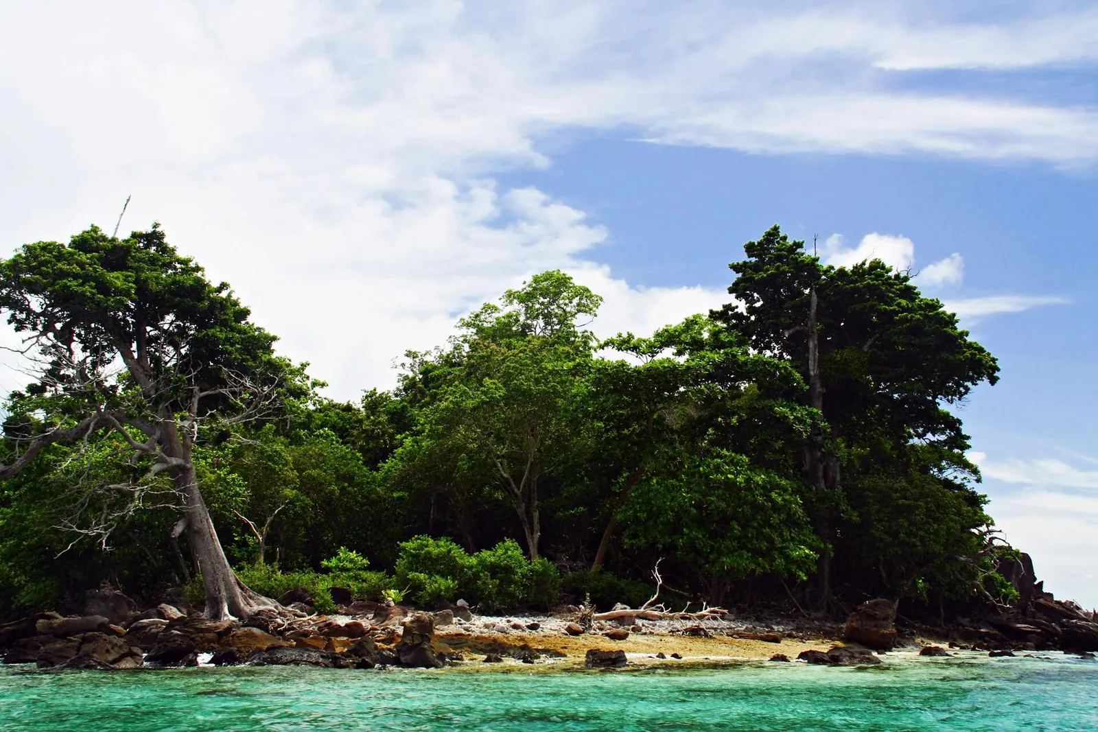 The rocky, tree-covered shore of Rubiah island off Pulau Weh with clear water in the foreground