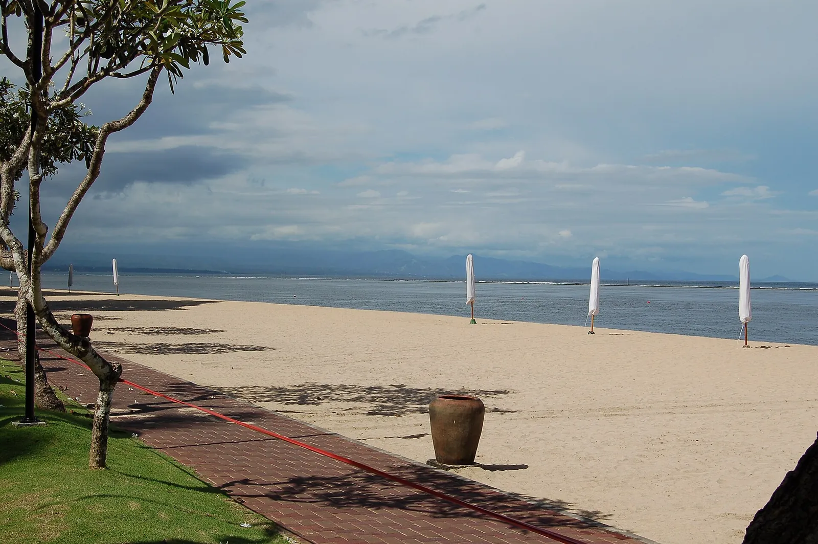 A red-paved path running beside the sand at Sanur Beach under a frangipani tree