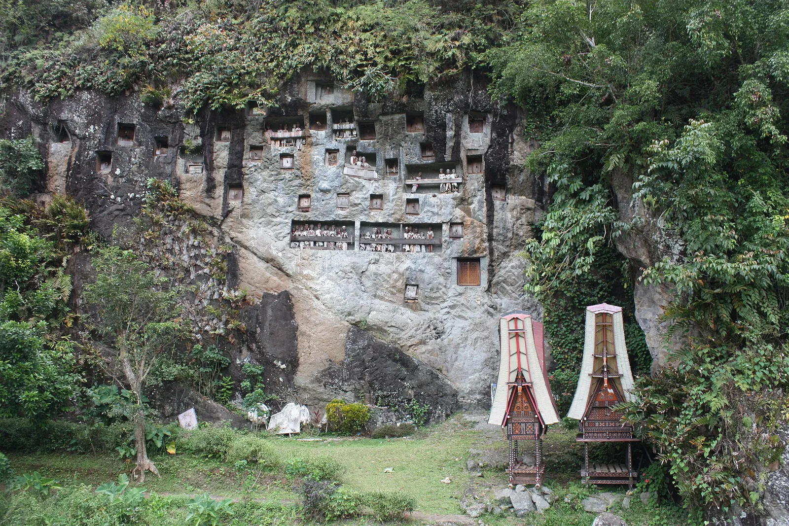 Limestone cliff at Lemo in Tana Toraja with carved grave openings and a balcony of tau-tau effigies above a green lawn