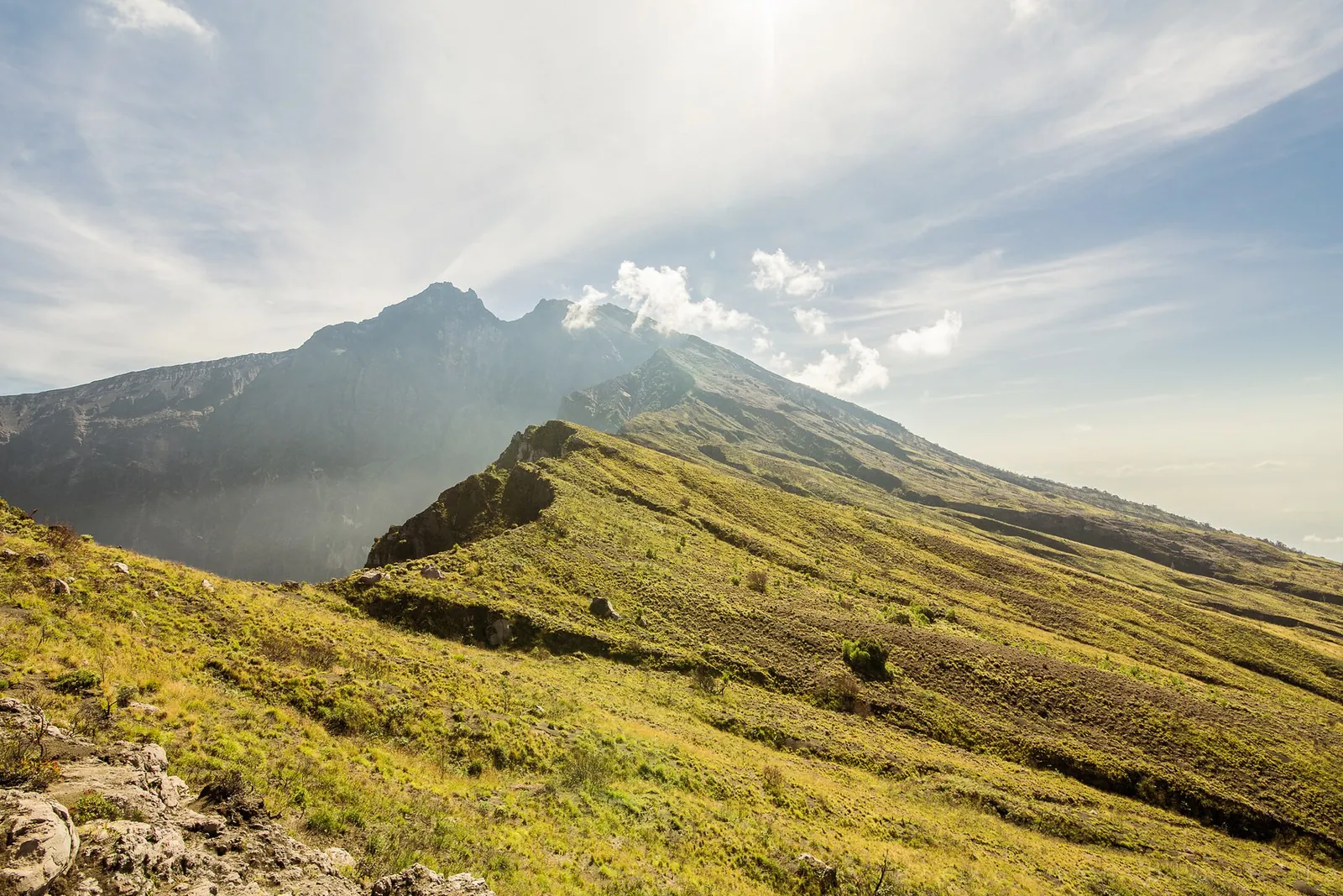 Grassy slopes along the crater rim of Mount Rinjani on Lombok, with the summit ridge beyond