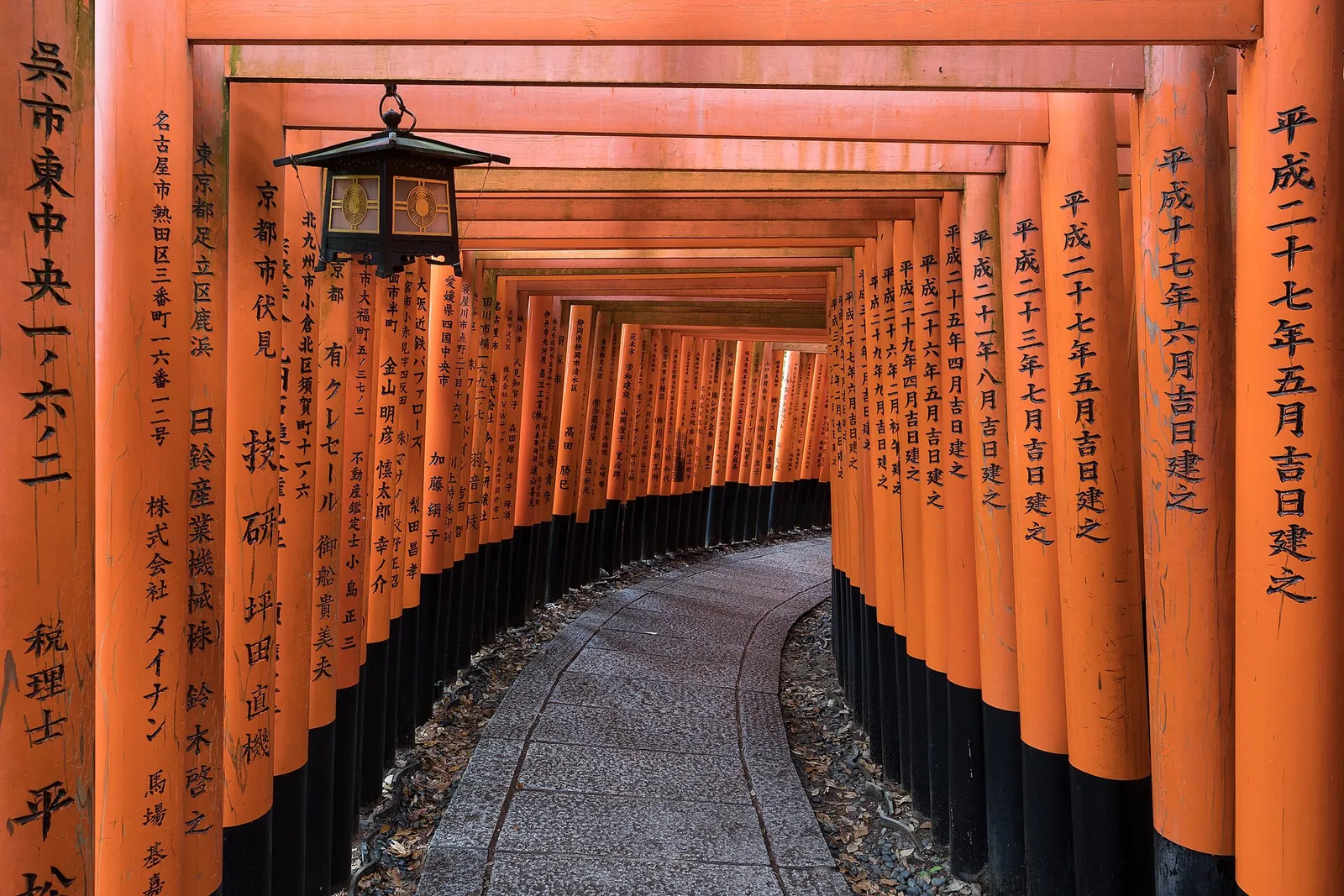 A path through rows of orange torii gates at Fushimi Inari Taisha