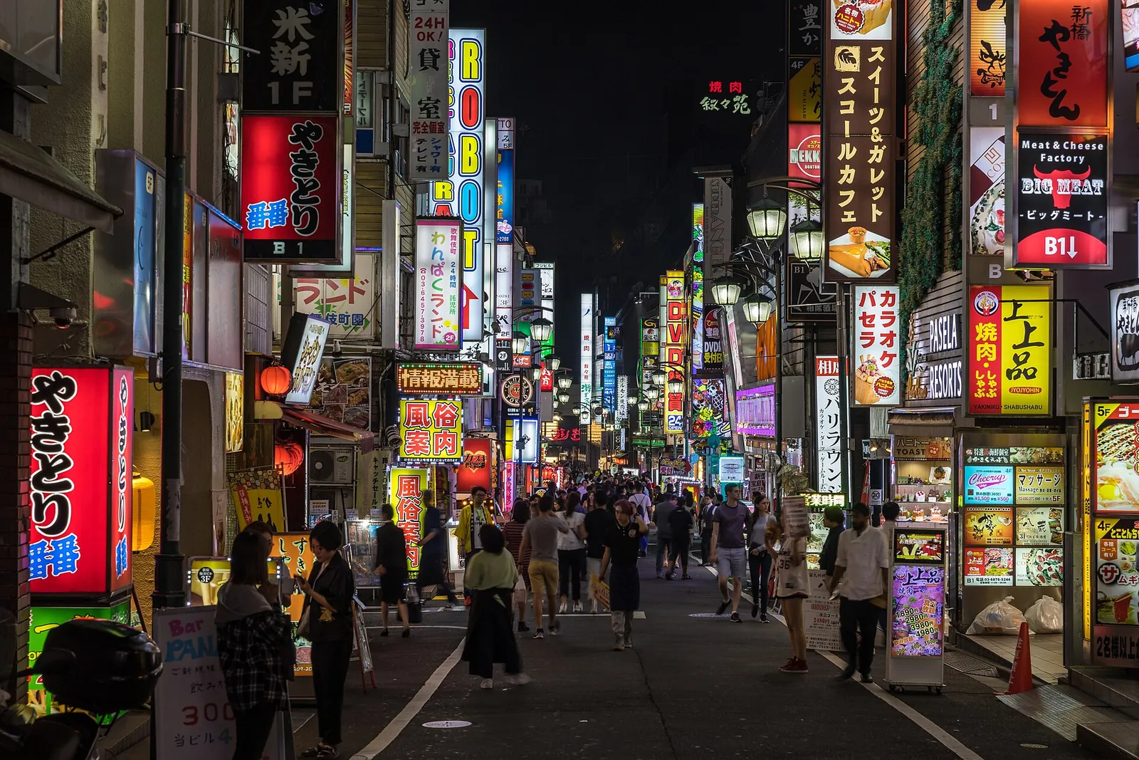 Neon signs over a busy street in Kabukicho, Shinjuku, at night
