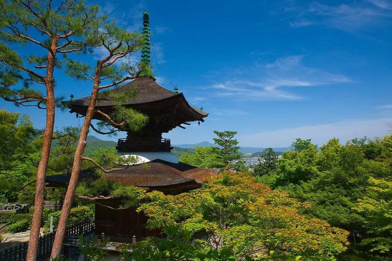 Jojakko-ji's pagoda among green trees in Arashiyama, Kyoto.