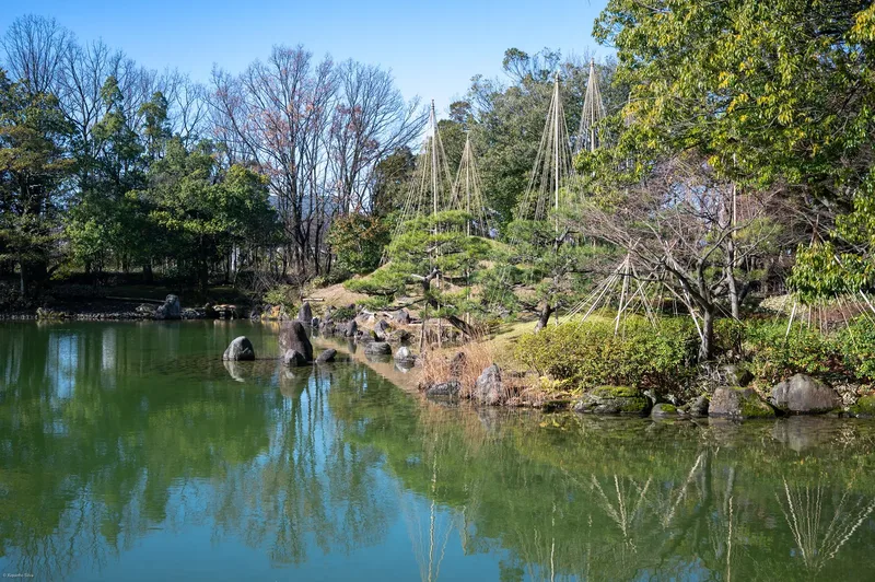 A pond, rocks and trees in Yokokan Garden in Fukui.