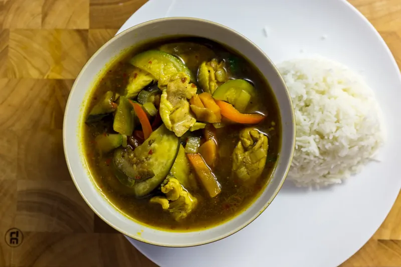 Soup curry with vegetables, a dish associated with Sapporo.