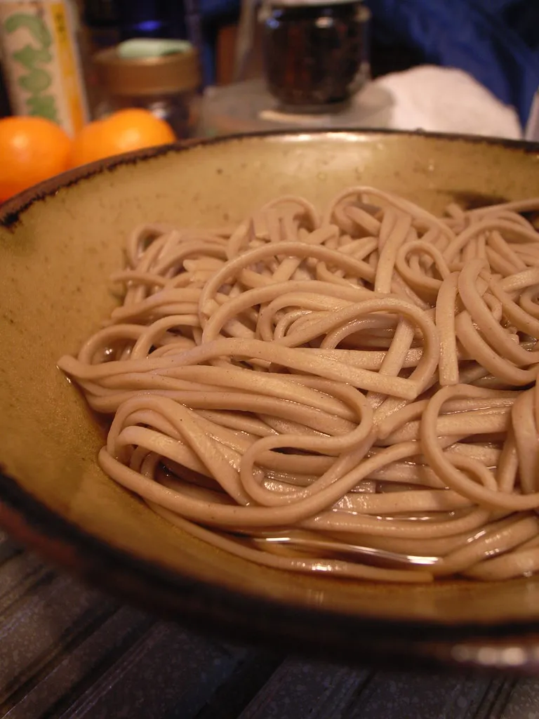 Soba Nudeln mit Dippensauce; ein illustratives Lebensmittelfoto.
