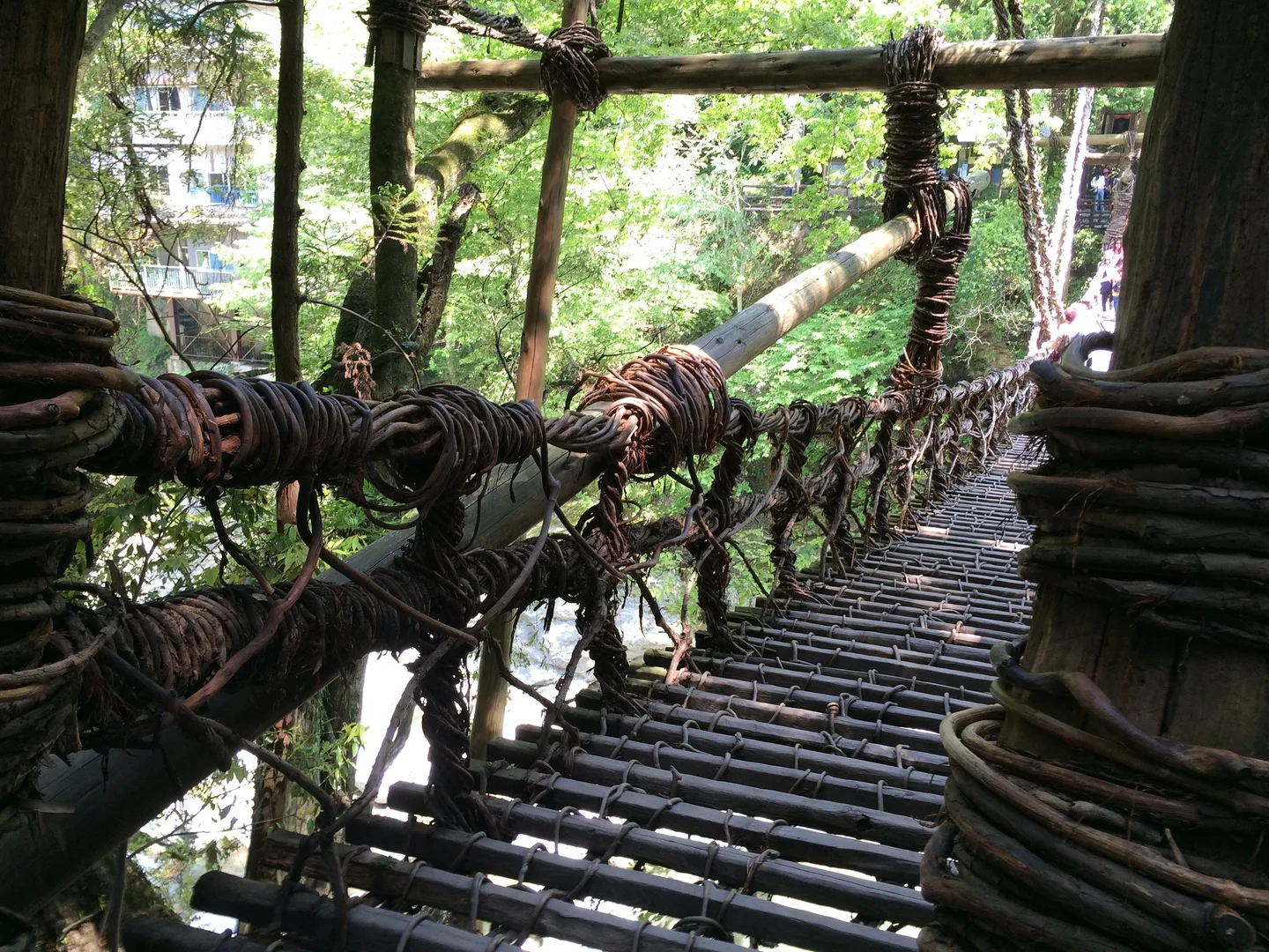 Der hölzerne Gehweg und die gewebten Reben einer Brücke im Iya-Tal.