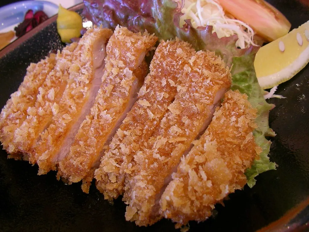 Kurobuta tonkatsu, a breaded pork cutlet, photographed in Kagoshima.