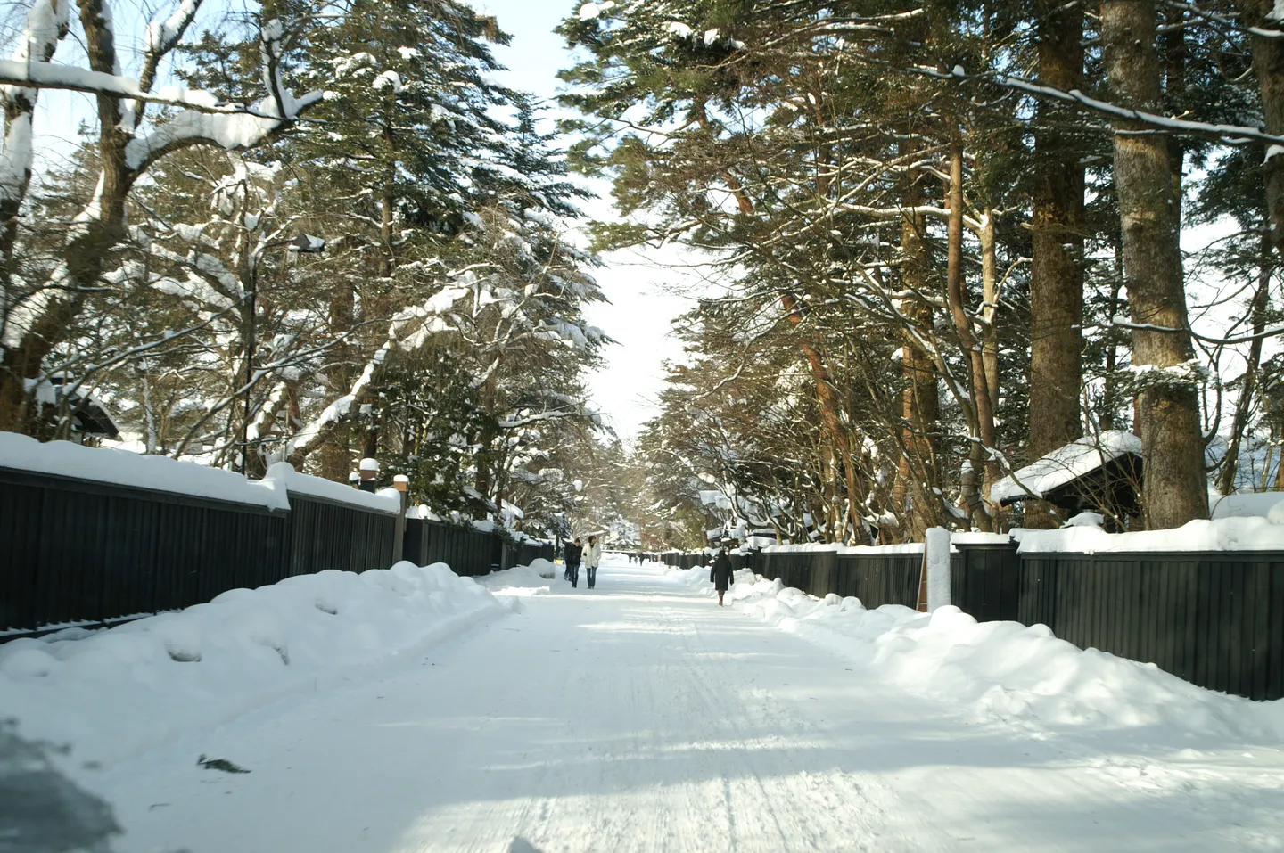 A snow-covered street in Kakunodate's historic district.