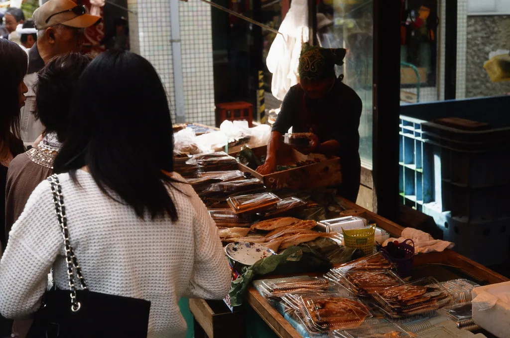 Seafood for sale at Yobuko Market in the Karatsu area.