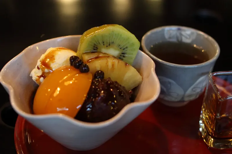 A dessert with sweet beans and agar cubes photographed in Kawagoe.