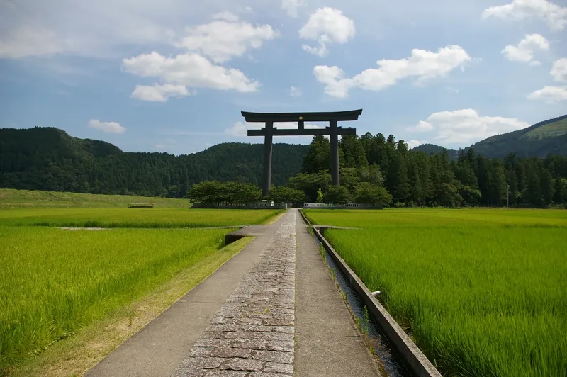 The large torii at Oyunohara, surrounded by green fields and hills.