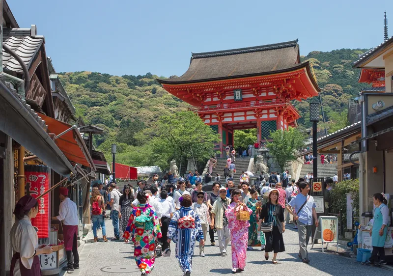 Visitors on the approach to Kiyomizu-dera in Kyoto.