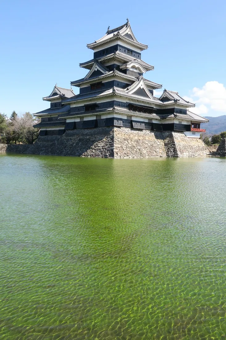 Matsumoto Castle's black-and-white keep above its moat.