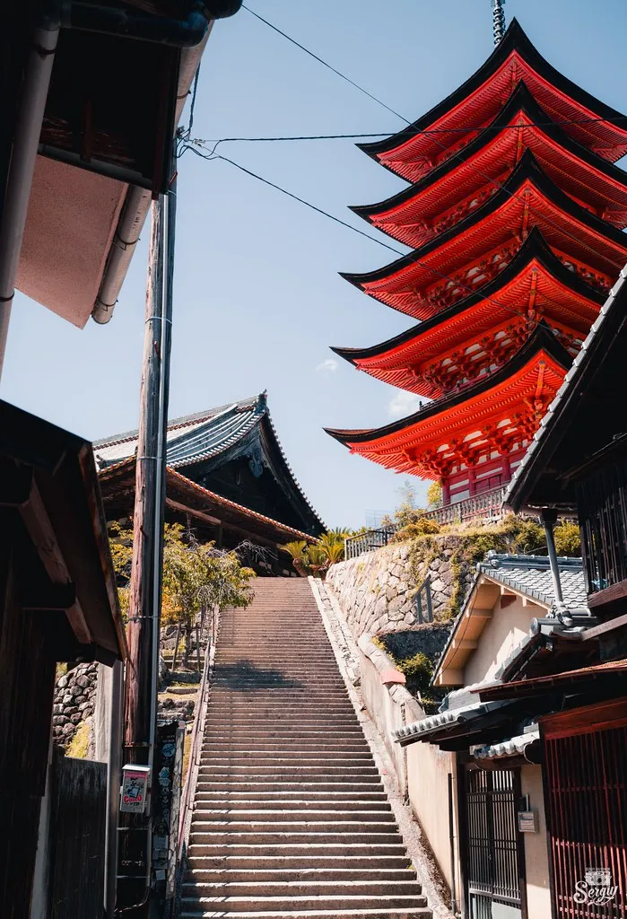 Miyajima's red pagoda seen from the stairway.