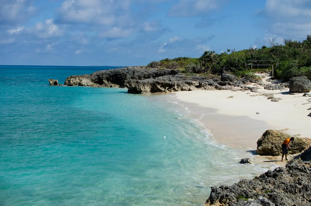 Turquoise water and a sandy beach in the Miyako Islands.