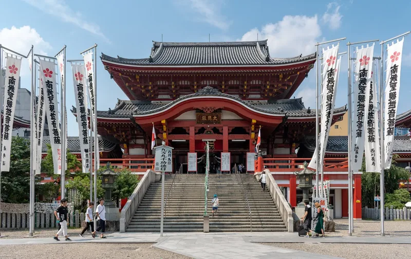 The facade and steps of Osu Kannon temple in Nagoya.