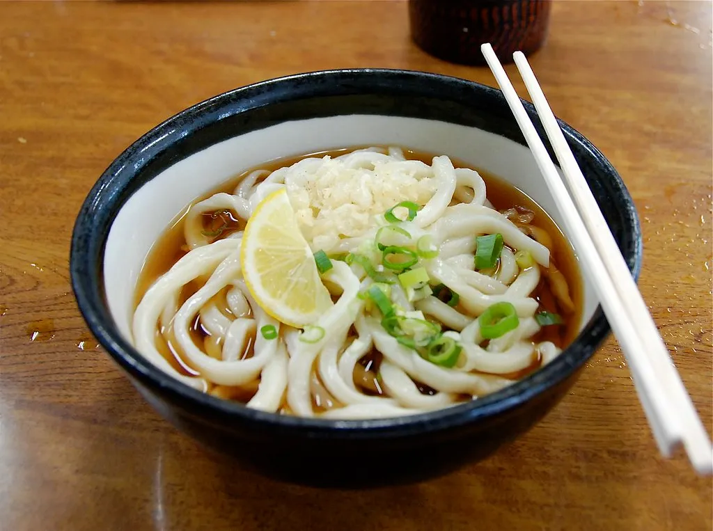 Sanuki udon with spring onion and lemon; an illustrative Kagawa food photograph.