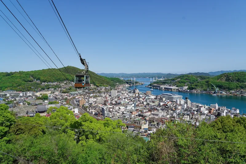 Onomichi's rooftops, waterway and surrounding hills.