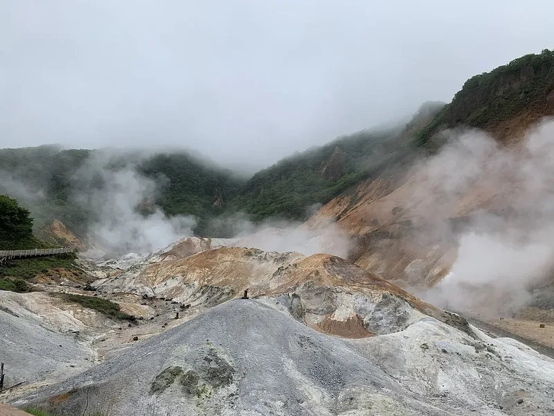 Steaming volcanic terrain in Noboribetsu