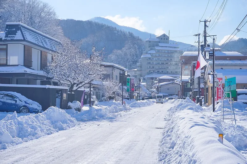 A snow-covered street in Tsunagi Onsen, Iwate