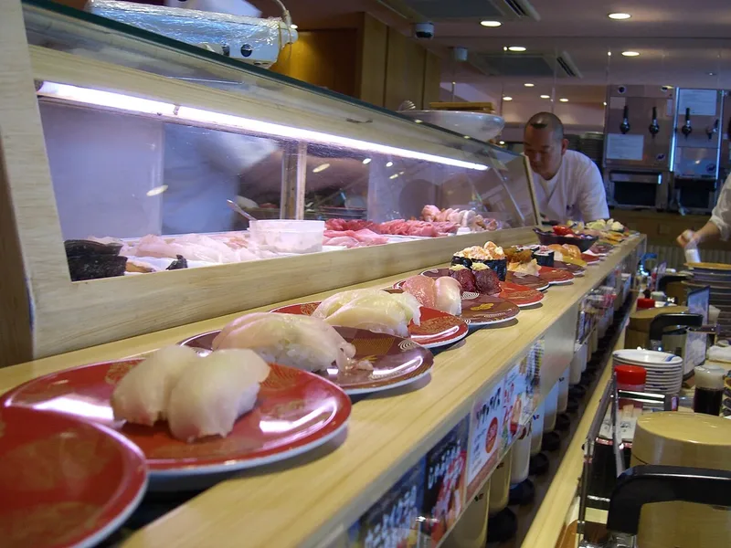 Conveyor-belt sushi at Maguro-Bito in Tokyo