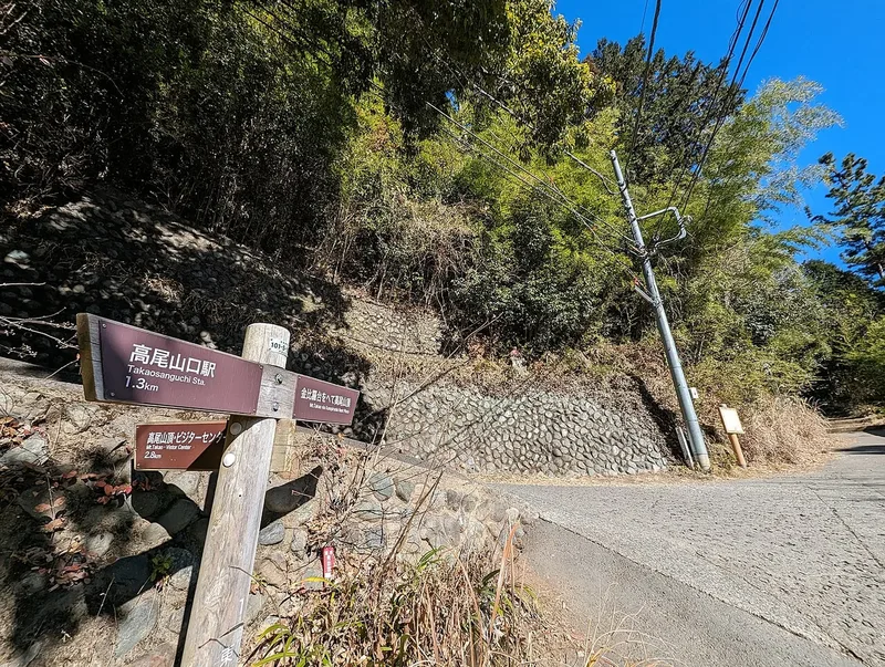A sunny path junction on Mount Takao in winter