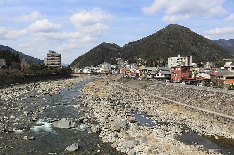 The Hida River and Gero Onsen viewed from Mutsumi Bridge