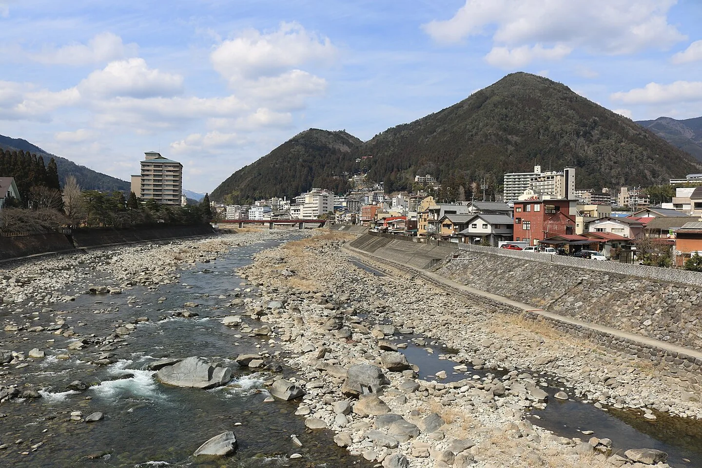 Der Fluss Hida und Gero Onsen von der Mutsumi Brücke aus gesehen