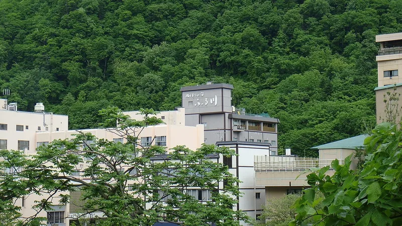 Hot spring hotels below the green hillside at Jozankei Onsen.